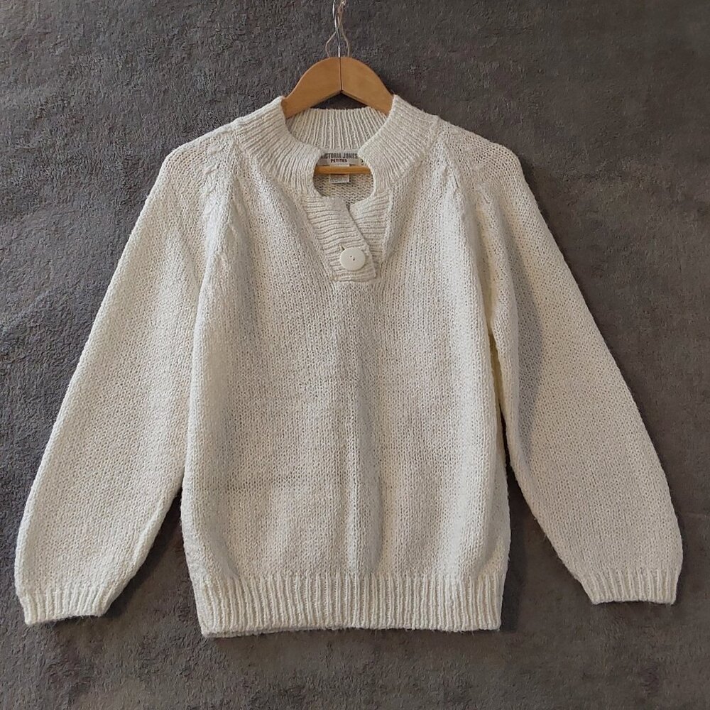 Victoria Jones Petites 100% Wool Cream Knit Sweater P/S Button Neck VTG